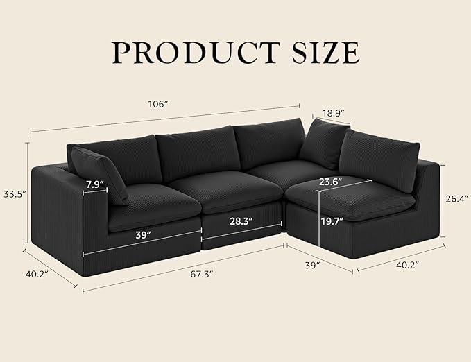 ARSURA 106” Cloud Couch for Living Room | L-Shaped Boneless Couch | Modular Sectional Couch | Corduroy Black