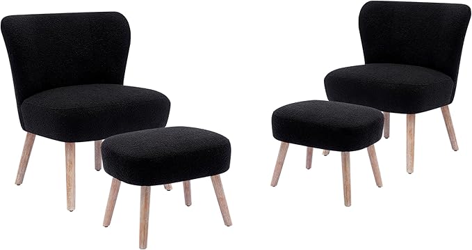 Costaelm Bedroom Accent Chairs with Ottoman Foot Stool Set of 4 Upholstered Fabric Chairs Makeup Vanity Chair Teddy Fuzzy Chair for Living Room Reading Room Dining Room Black