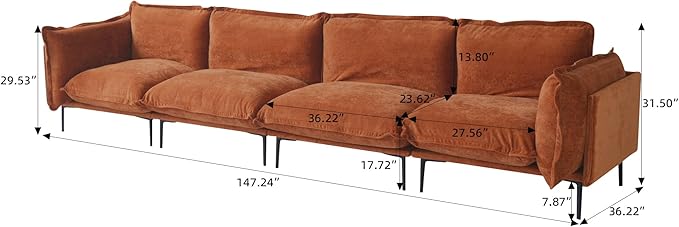 WJShome Sectional Couches for Living Room Velvet 147 Modern 4 Seater Sofa with Removable Cushions Comfort Deep Seat ForApartment 8 High Metal Legs Easy to Clean Terracotta