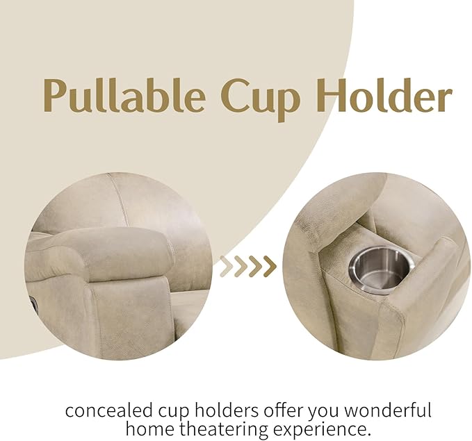 CANMOV Leather Recliner Chair Classic and Traditional Manual Recliner Chair with Overstuffed Arms and Back Manual Single Sofa with Concealed Cup HoldersBeige