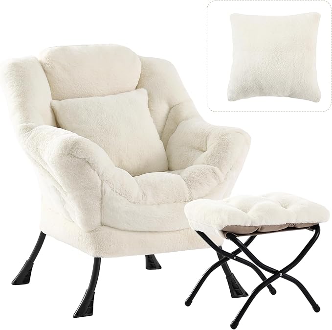 Lazy Chair with Ottoman Large Lvory Accent Chair with Ottoman and FA Throw Pillow Comfy Plush Reading Chair for Living Room Bedroom Dorm Room Office Apartment Relaxing Use
