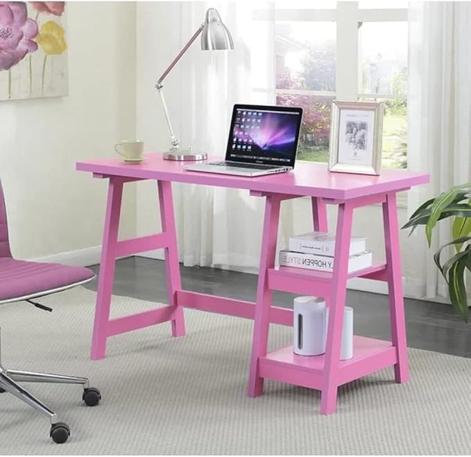 Farmhouse Style Rising Desk Home Office | 2 Open Side Shelves for Extra Storage Wide Top SurfaceLaddered Legs Reversible | Student Laptop Accessories Solid Wood Manufactured | Light Pink Color