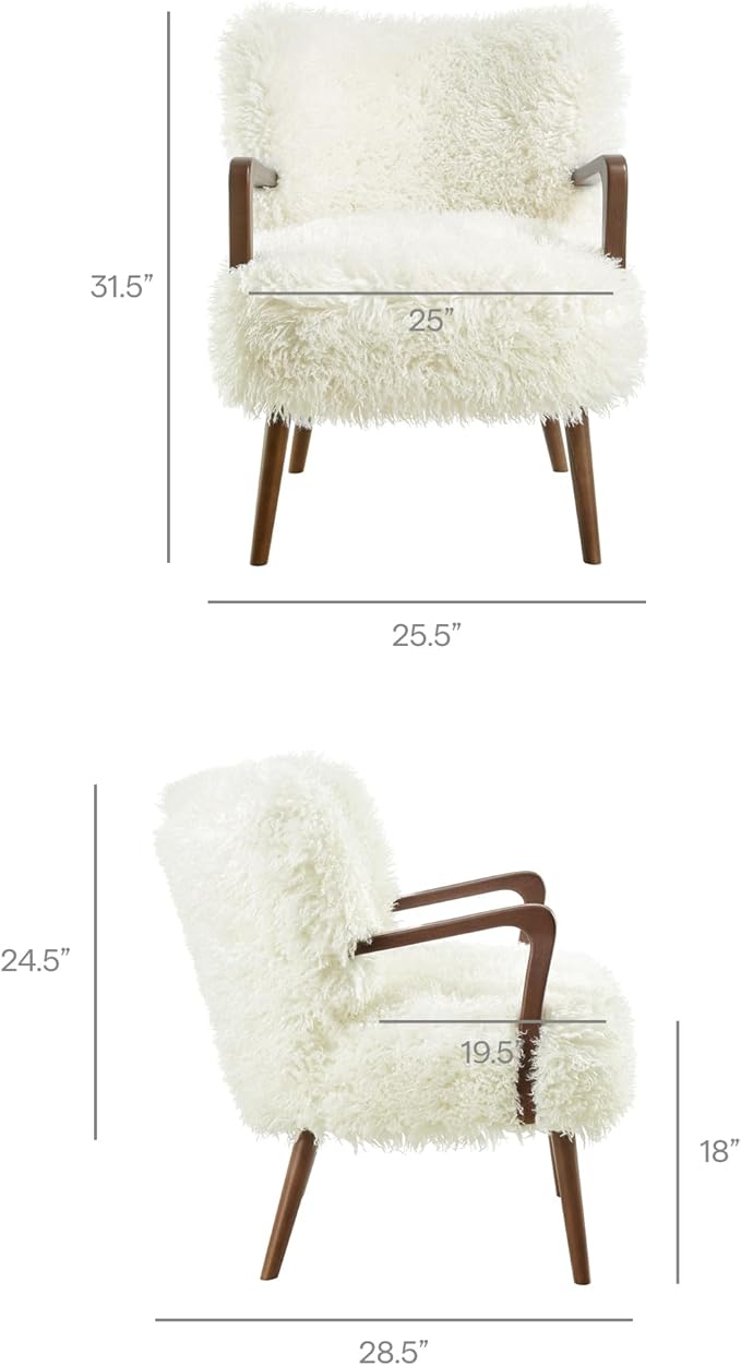 Modway Zerra Upholstered Faux Shearling Lounge Chair in White – Mid-Century Modern Accent Armchair with Wood Frame – Fuzzy Fabric Single Sofa Chair