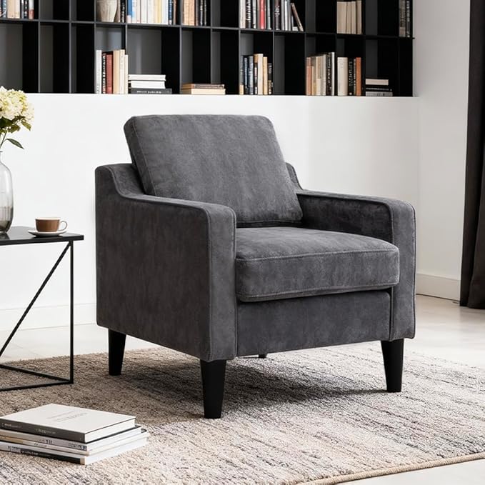 Accent Chair for Living Room Mid-Century Armchairs for Small Spaces Chenille Upholstered Comfy Reading Armchair with Studded for Bedroom (Grey-A)