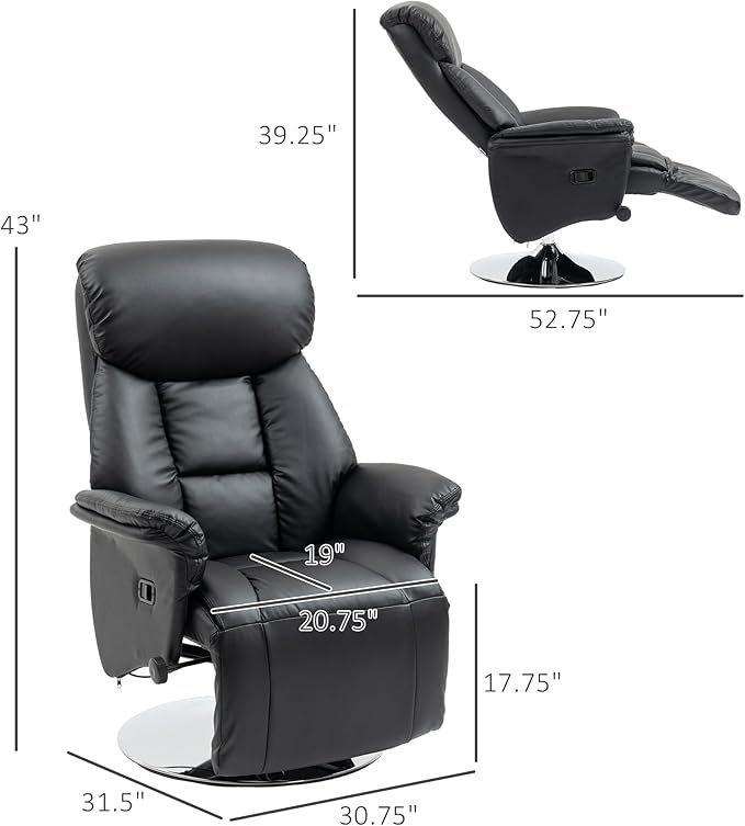 HOMCOM Swivel Recliner Chair PU Leather Reclining Chair with Retractable Footrest Padded Arms for Living Room -Black