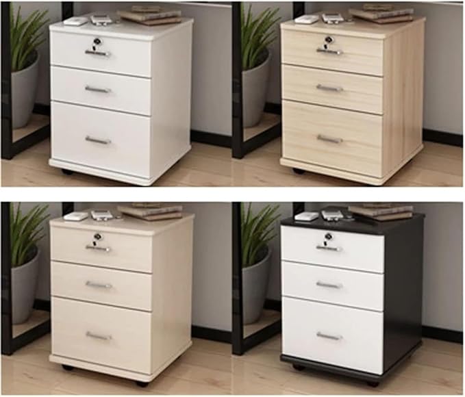 3 Drawer Wooden Office Cabinet File Storage Cabinet with Lock Floor Stand Wheel Design Movable File Organizer(E)