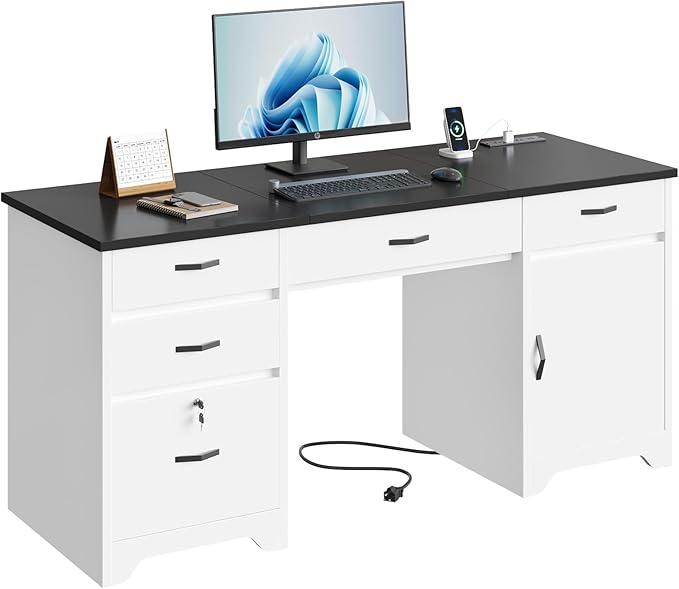 Bestier 59” Office Desk with Lockable Drawers Modern Computer Desk with File Drawer Charging Station &amp Drop-Front Keyboard Drawer Executive Desk with Storage Cabinet for Home Office &amp Studi