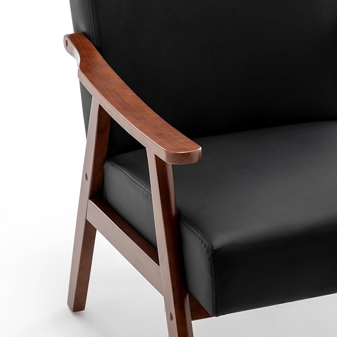 Mid Century Accent Chair Boho Farmhouse Accent Chairs for Living Room Retro Single Lounge Reading Armchair with Solid Wood Frame (Faux Leather in Black)