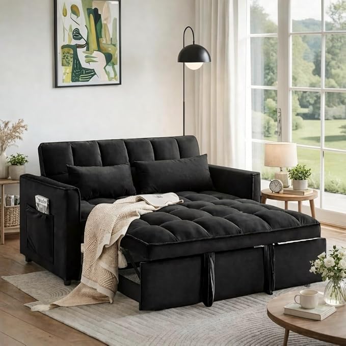 3 in 1 Convertible Sofa Bed Love Seat Sleeper Bed with Side Pockets Velvet Fabric Pull Out Couch with Adjustable Backrest for Living Room Bedroom Apartment Black