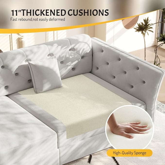 KEIKI 74.7 Queen Pull Out Sofa Bed Velvet Convertible Sleeper Sofa Button Tufted Chesterfield Sofa Pull-Out Couch Bed for Living Room Bedroom Apartment Light Grey