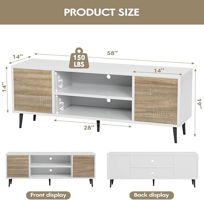 YESHOMY Modern TV Stand for 65 Television Entertainment Center with Two Storage Cabinets and Open Shelves Retro Style Media Console for Living Room Bedroom Office 58 Inch White and Beige
