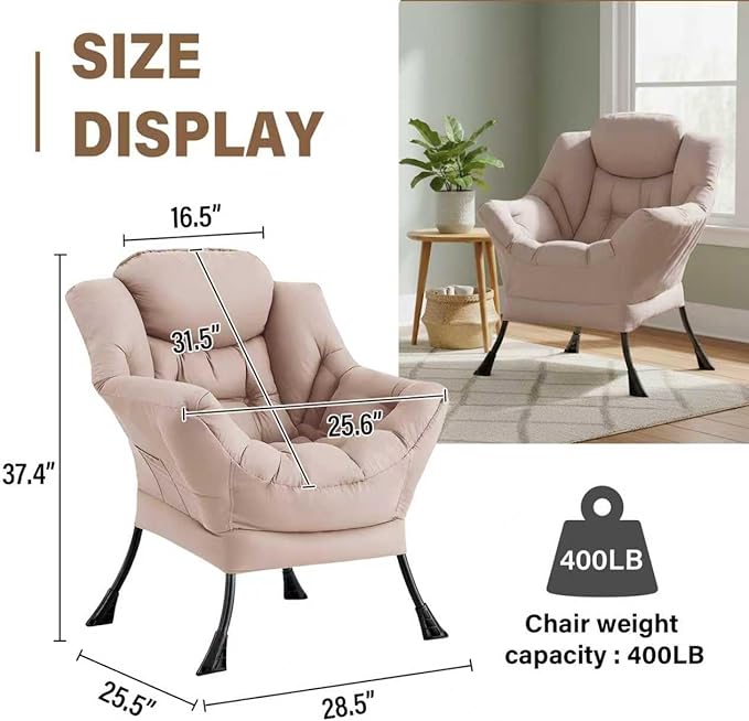Lazy Chair for Living Room Modern Soft Reading Chair Accent Contemporary Sofa Chair with Armrests and a Side Pocket for Bedroom Dorm &amp Office Khaki
