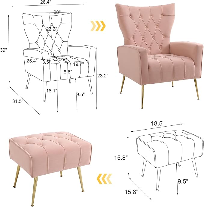 ODUWA Velvet Accent Chair with OttomanModern Accent Chairs with Armrests and BackrestButton Tufted ChairSingle Recliner Armchair with Ottoman for Living Room Bedroom Office