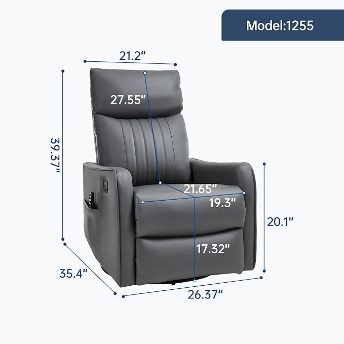 PELUMY 360 Swivel Rocking Recliner Chair for Adults Nursery Rocking Chair with Heat and Massage Glider Reclining Chair for Small Space Living Room Bedroom (Breathable Leather Grey)