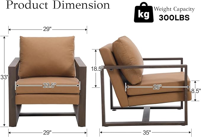CIMOTA Modern Mid Century Accent Chairs Set of 2 Comfy Armchairs with 8.5 Thick Cushion &amp Armrests Upholstered Leather Reading Lounge Chairs with Walnut Frame for Living Room Bedroom Office Brow