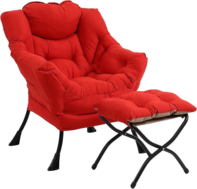 Lazy Chair with Ottoman Modern Accent Chair with Armrests and a Side Pocket Red Accent Chairs Comfortable Reading Chairs Oversized Armchairs for Bedroom Study Living Room Courtyard
