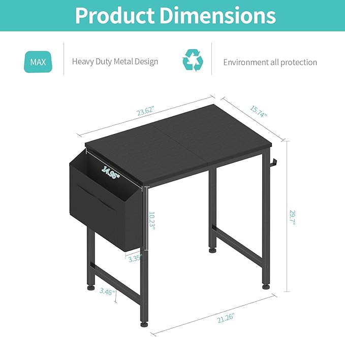 Lufeiya Small Desk for Small Spaces 24 Inch Kids Girls Study Writing Mini Desks for Bedroom Simple Modern Laptop PC Little Side Table with Storage Bag Headphone Hooks Black