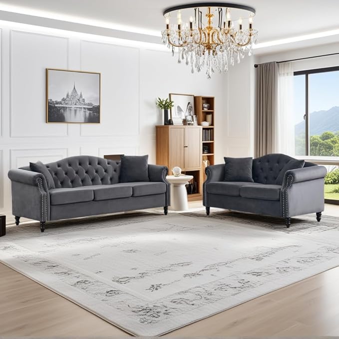 2 Piece Modern Grey Velvet 79 3-Seater and 57 Loveseat Sofa Sets Chesterfield Button Tufted Nailhead Combination Couch with 4 Pillows Trimming Curved Backrest &amp Rolled Arm Sofa for Living Room