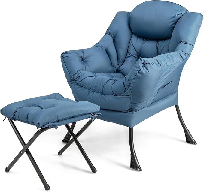 DORTALA Modern Lazy Chair with Ottoman Single Sofa Chair w/Side Pocket and Armrests Soft Upholstered Modern Leisure Chairs Set Suitable for Living Room Bedroom Navy