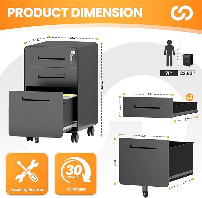 3 Drawer File Cabinet Fully Assembled Mobile File Cabinets with Lock for Home Office Metal Rolling Filing Caninet on Wheels Three Drawer Under Desk Cabnet for Letter/Legal / A4 - Black