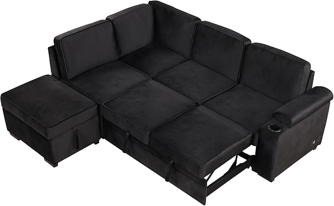 LUMISOL 87 Convertible Sofa Bed with Storage Ottoman L-Shaped Sectional Sofa with Cup Holder &amp USB Ports Pull Out Sleeper Sofa Couch with Chaise for Living Room Small Apartment Black