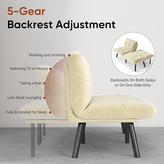 Futon Sofa Sleeper Couch Bed with Adjustable Backrest Thick Cushion Velvet Fabric for Department Living Room Lounge Sofa Loveseat (Beige)