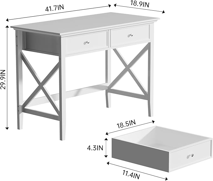 White Computer Desk with 2 Drawers Modern Makeup Vanity Desk with Storage Writing Desk for Home Office 42'' Long Study Simple White Desk for Bedroom Console Table Living Room