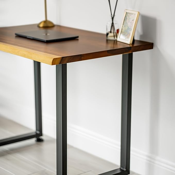 Small Solid Walnut Wood Computer Desk – 38” x 25” Live Edge Wooden Home Office Desk with Sturdy Metal Legs – Handmade Real Wood Table for Work Study or Gaming