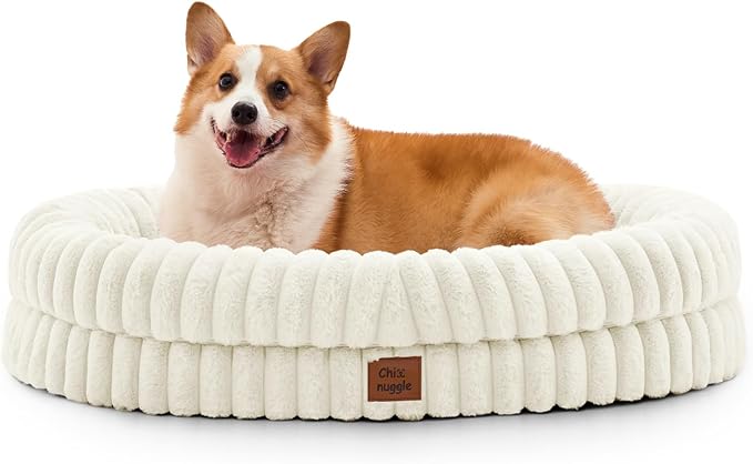 Dog Bed Large Sized Dog - Luxury Striped Faux Fur Waterproof Pet Couch with Removable Washable Cover Orthopedic Pet Bed with Bolster Sides for Sleeping Cream