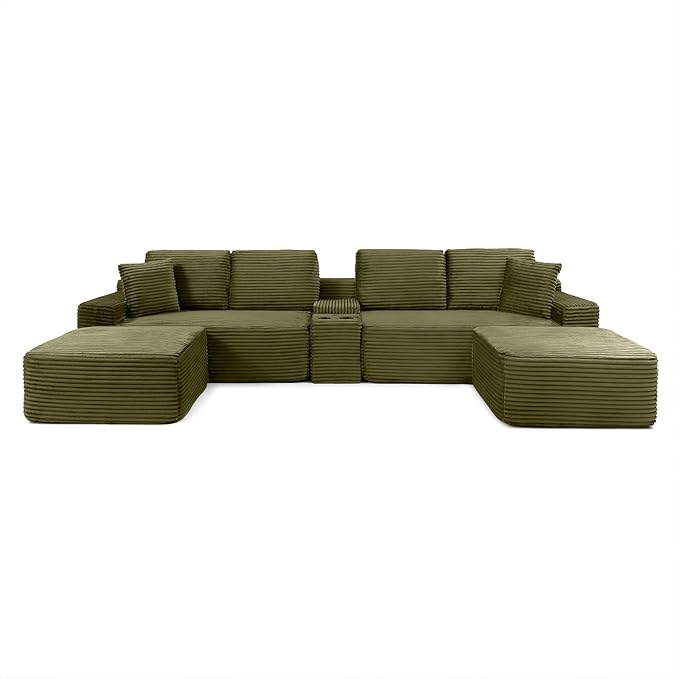 125 Oversized U-Shaped Cloud Sectional Couch 6-Seater Modular Sectional Sofa with USB Ports/Storge Console/Cup Holder Modern Deep Seat Corduroy Boneless Couch for Living Room No AssemblyGreen