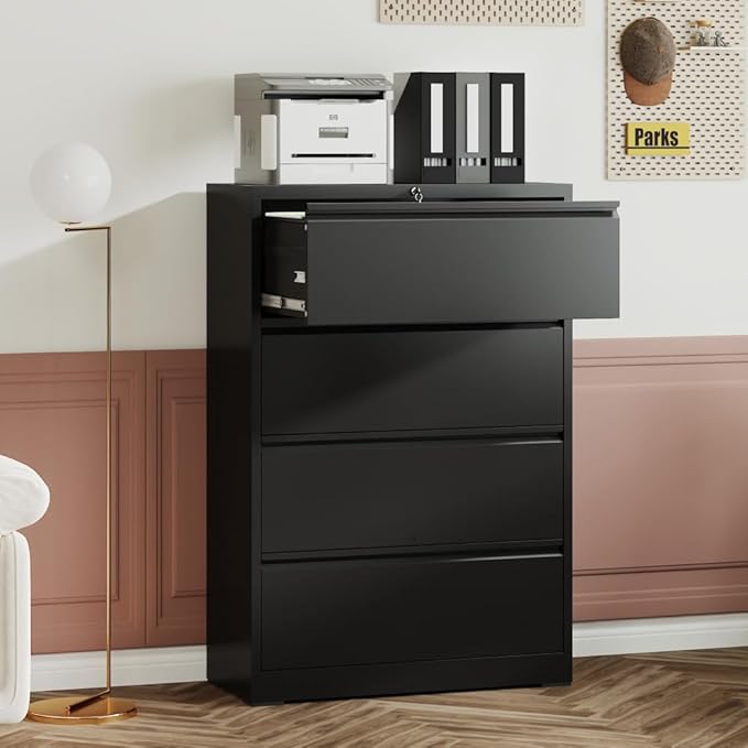 Lateral File Cabinet with Lock – Heavy-Duty Metal Filing Cabinet for Home Office Space-Saving Wide Storage for Letter/Legal/A4/F4 Silent Full-Extension Slides Easy-Assembly (Black + Classic)