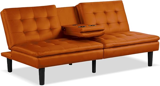 Furniture of America Fallein Modern Contemporary Wood 71.5-inch Futon Sofa Bed with Drop-Down Table Cup Holders USB-A Charger Biscuit Tufting for Bedroom Guest Room Orange