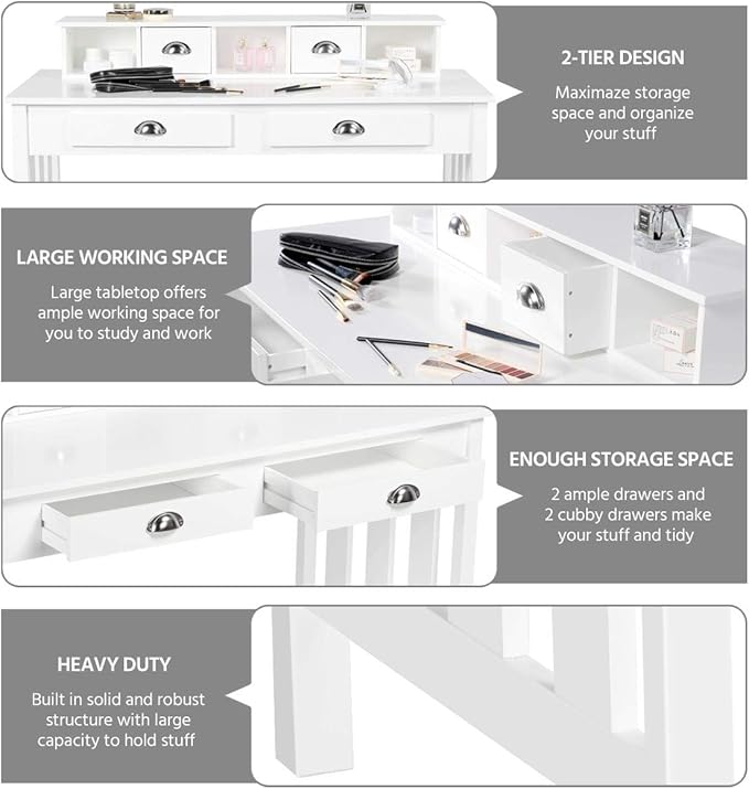 Yaheetech 47 Inch Large Computer Desk White Home Office Workstation with 4 Storage Drawers Modern PC Work Table 23 Deep with Monitor Stand for Screen Wood Stable Executive Table with Large Desktop
