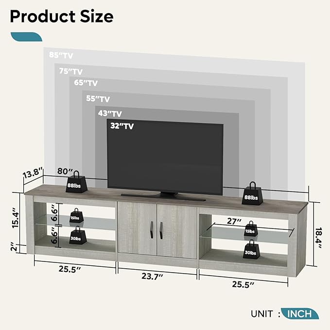 Bestier 80 Inch TV Stand for 75/77/85/86 inch TVs LED Gaming Entertainment Center for PS5 with Storage Cabinet &ampAdjustable Glass Shelves Modern TV Console Table for Living Room Bedroom Wash Whi