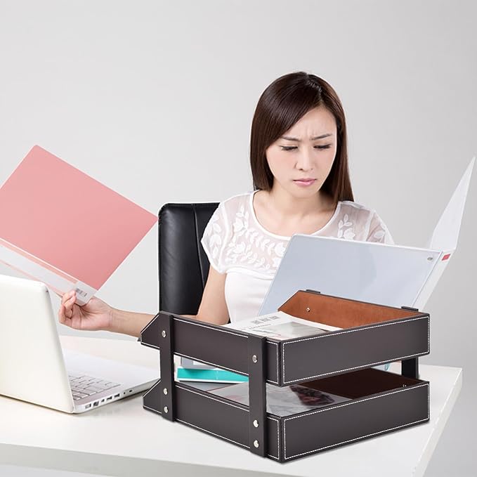 Leather Desk Organizer2-Tier Stackable Letter Tray HolderOffice Supplies Desktop Storage Box for DocumentStationeryMagazinesNewspapersLetters and Other Home Office Paper SundriesCoffee