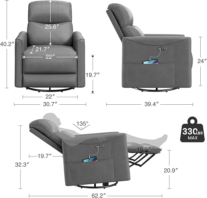 Power Swivel Rocker Recliner Power Recliner Chair 360° Swivel Small Recliners for Small Spaces Infinite Position Rocking Chair Nursery PU Leather Living Room Chairs with USB Port Gray