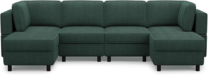 114.2 U-Shaped 6-Seater Convertible Sectional Sofa Corduroy Modular Sleeper with Deep Storage Seat &amp Movable Ottoman Green