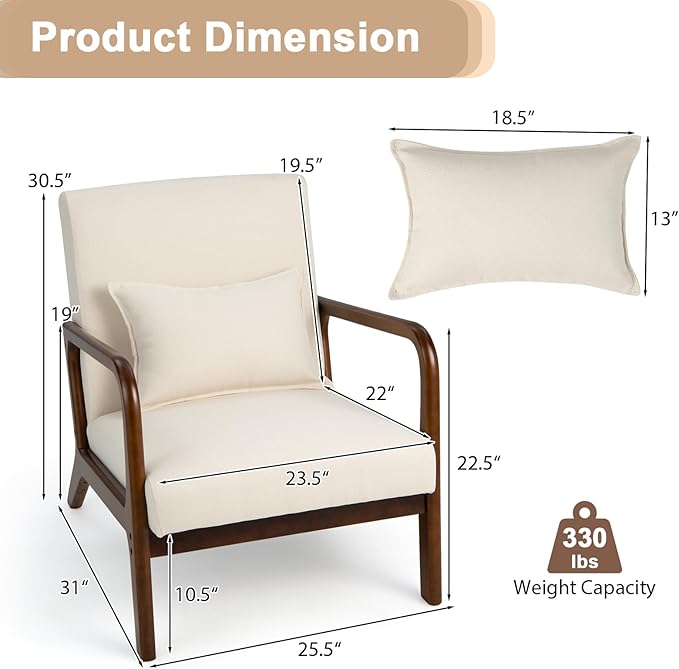 POWERSTONE Mid-Century Accent Chair Set of 2 - Upholstered Lounge Armchair with Pillow Solid Wood Legs Linen Fabric Modern Reading Leisure Chair for Living Room Bedroom Guest Room Beige