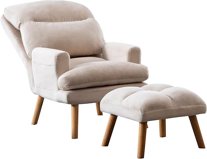 Accent Chair with Ottoman Comfy Reading Chair Armchair with Adjustable Backrest and Side Pockets Soft Fabric Leisure Sofa for Bedroom Living Room Dorm Rooms Garden Beige
