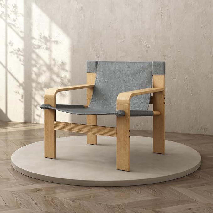 Detachable and Washable Oak Accent Chair Wide Armrest Mid-Century Lounge Chair Linen Fabric Armchair &amp Solid Wood Frame for Living Room Bedroom Balcony (White) (Dark Grey + Wood+Fabric + Oak)