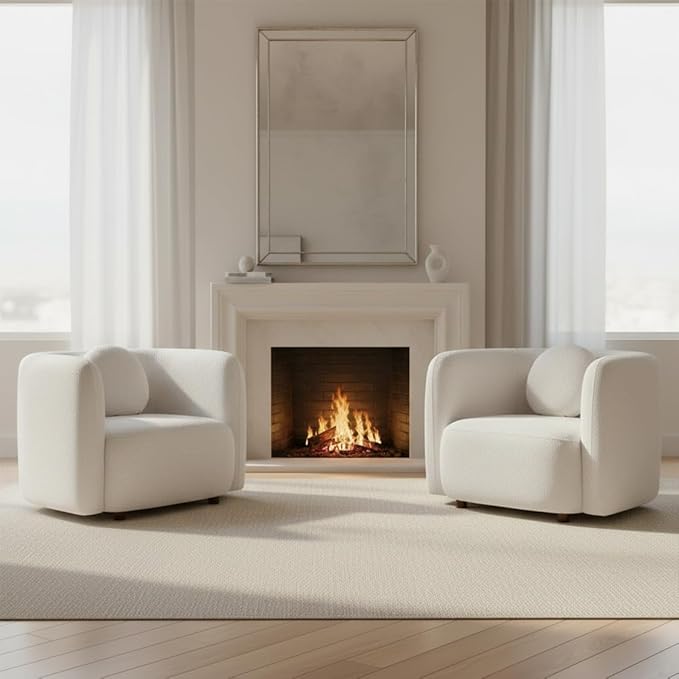 39 W Barrel Chairs Set of 2 Mid-Century Modern Boucle Accent Chairs with Armrests and Pillow Upholstered Barrel Sofa Chair Set for Living Room Bedroom Apartment No Assembly White