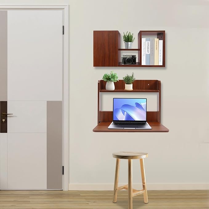 Floating Desk 24 Wall Mounted Folding Desk with Bookshelf Folding Wall Desks Space Saving Workstation with Storage Shelves for Home Office Bedroom Study Room Small Space