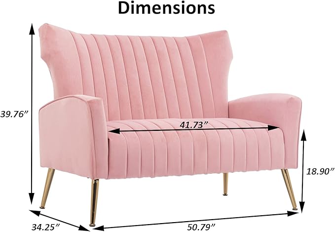 Velvet Couch Modern Wingback Loveseat Tufted Luxury Sofa with Gold Legs for Living Room/Bedroom Light Pink