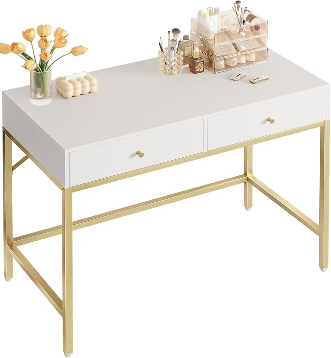 SUPERJARE 31.5 White and Gold Desk with 2 Drawers Modern Vanity Desk Small Makeup Table for Home Office Writing Study Bedroom