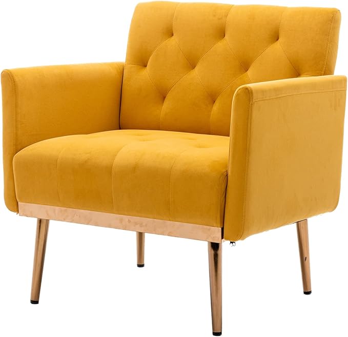 Modern Accent Chair Upholstered Single Sofa Arm Chair for Living Room and Bedroom Upholstered Comfy Armchair Chair with Solid Tapered Metal Legs (Mustard)