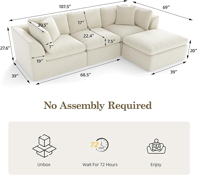 4 Seater Modular Sectional CouchModern L Shaped Boneless Sectional Sofa with OttomanChenille Cloud Couches for ApartmentBeige