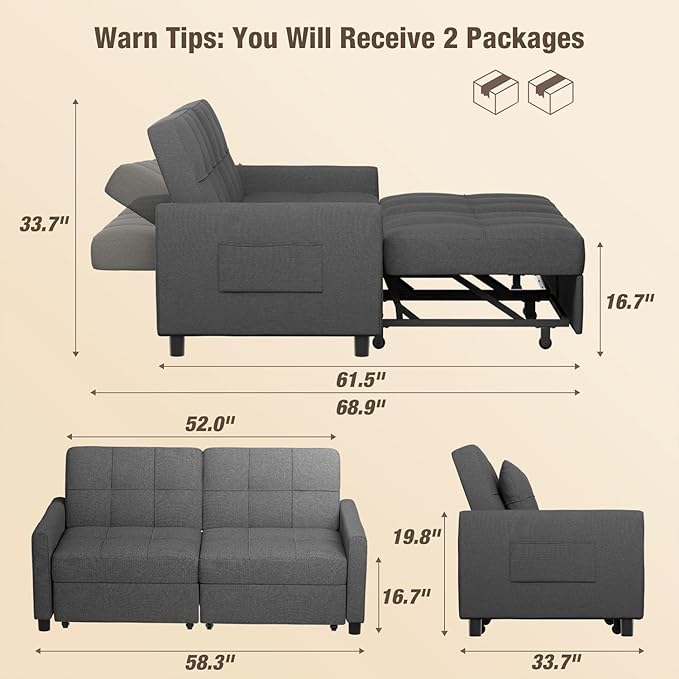 Aiho 58 Sleeper Sofa Bed Pull-Out Couch with Adjustable Backrest and Side Pocket for Living Room (Dark Gray)