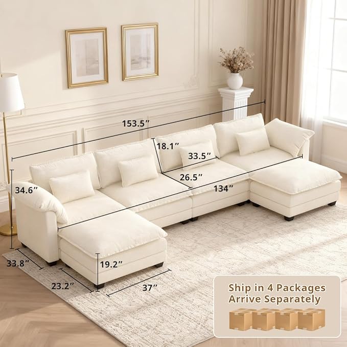 COMHOMA 153 U Shaped Sectional Sofa with Movable 2 OttomansComfy Cloud Modular Couch with Throw PillowsModern Chenille Deep Seat Sofa Couches for Living RoomBeige