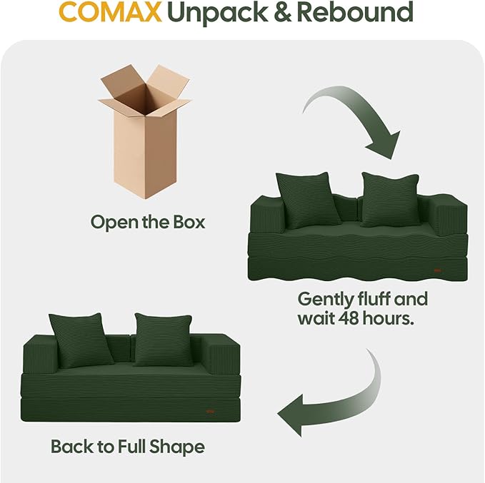 COMAX Futon Sofa Bed 4‑in‑1 Convertible Sofa Bed Folding Boneless Couches for Living Room Fold Out Small Foldable Loveseat Floor Sleeper Comfy Mattress Lounge Space‑Saving Green