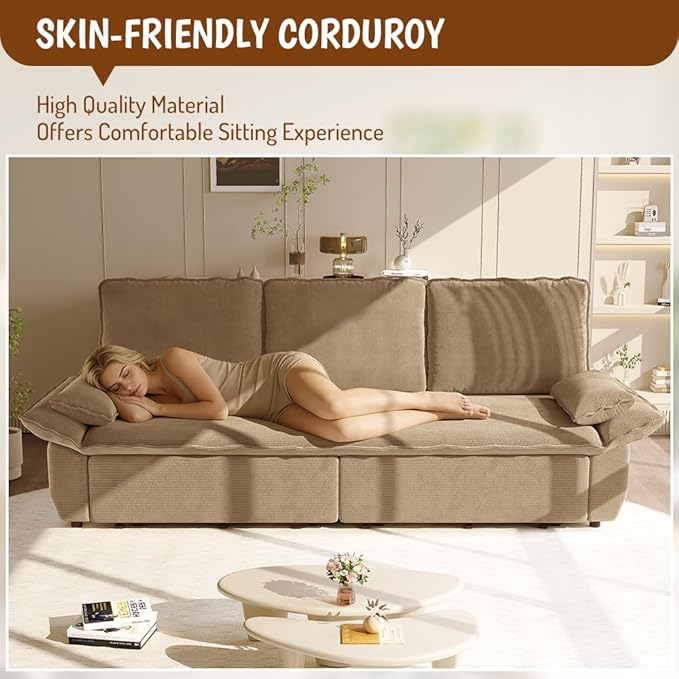 94.5 Pull Out Couch King Size Futon Sofa Bed 3-in-1 Convertible Sleeper Sofa Bed with Cushion Armrest Modern Corduroy Loveseat Couches for Living Room Small Space Apartment Camel